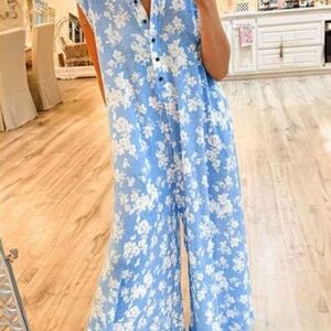 Blue Floral Sleeveless Jumpsuit